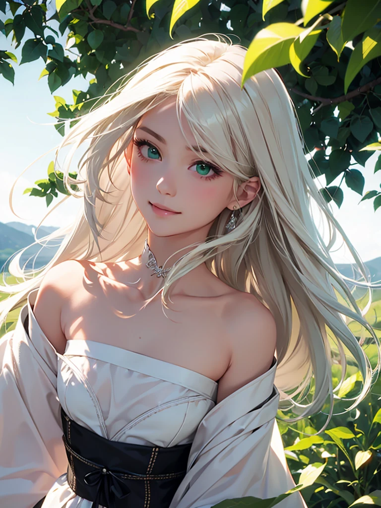 highest quality、Realistic、Women、Japanese、zoom、look up、cute、smile、night、green eyes、Platinum Blonde Hair、long hair、Blowing in the Wind、profile、White bustier、Face close-up、slender、Small breasts