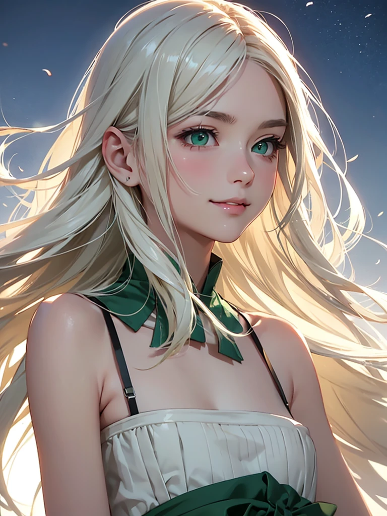 highest quality、Realistic、Women、Japanese、zoom、look up、cute、smile、night、green eyes、Platinum Blonde Hair、long hair、Blowing in the Wind、profile、White bustier、Face close-up、slender、Small breasts