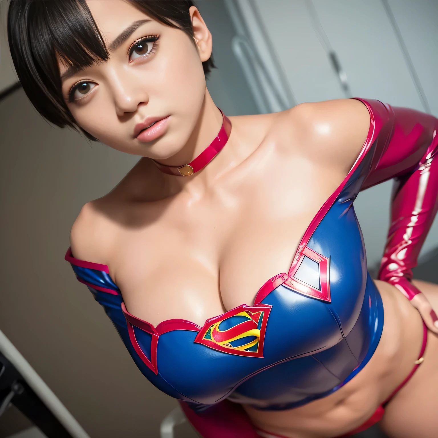 masterpiece、Enamel Supergirl Costume、Short Hair、Hospital operating table、Crisis situation、Big and ample breasts、looking at the camera、Shiny、Off the shoulder、choker、Long sleeve、Red exy poses to seduce、Sweaty、Model Body Type、Alluring、charm、Enchanting、abused、test subject、victim、Wild、Photorealistic、latex、