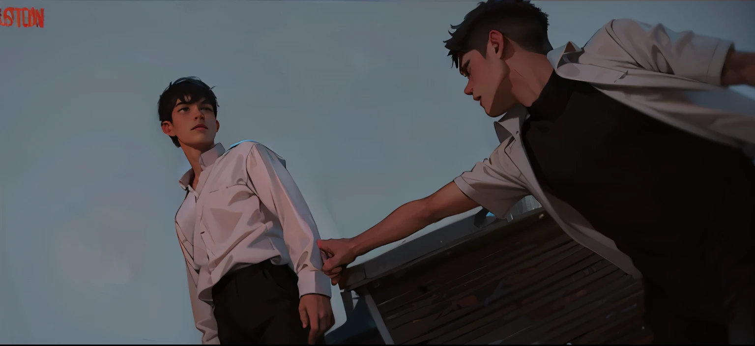 There are two young boys of 16 years old, one stretches out his hand to catch the other.