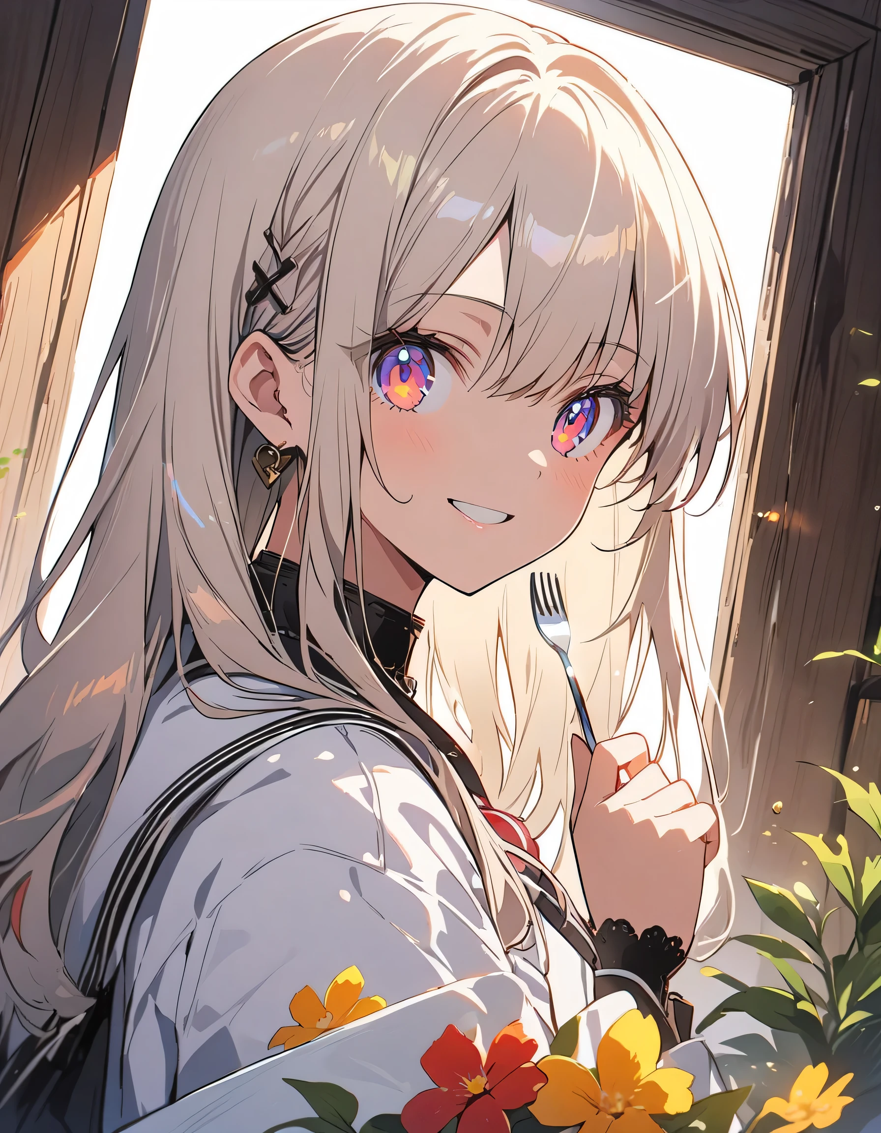 (1 girl)、(Eating spaghetti Napolitana skillfully using a fork)、(Extremely detailed Neapolitan)、Inside the cafe at noon、Smiling、(highest quality、masterpiece、High resolution、detailed)、anime style、Flat Style、(iridescent eyes,Beautiful Face),extremely detailed、floating, (High saturation), Sunshine from the window, (Shine), Focus on the face, Dynamic Angle、anime