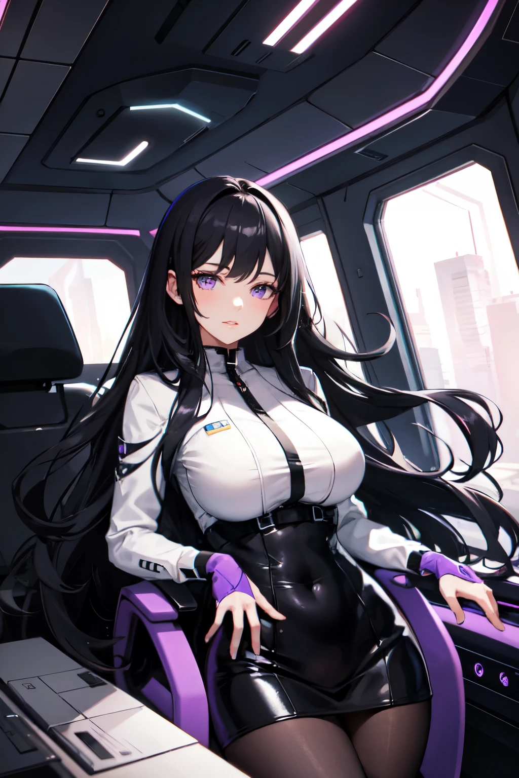 beautiful woman, long black hair, purple eyes, purple casual futuristic outfit, big bust, black tights, inside a spaceship, high quality, detailed hands
