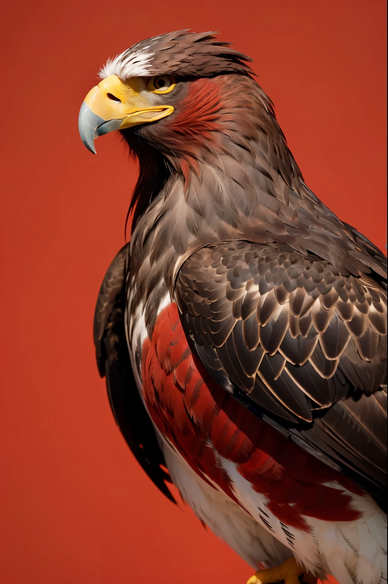 A red-feathered eagle,Camera front view,Solid color background