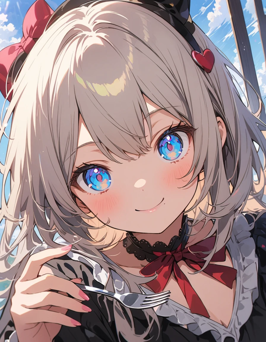 (1 girl)、(Eating spaghetti Napolitana skillfully using a fork)、(Extremely detailed Neapolitan)、Inside the cafe at noon、Smiling、(highest quality、masterpiece、High resolution、detailed)、animeスタイル、Flat Style、(iridescent eyes,Beautiful Face),extremely detailed、floating, (High saturation), Sunshine from the window, (Shine), Focus on Neapolitan, Dynamic Angle、anime