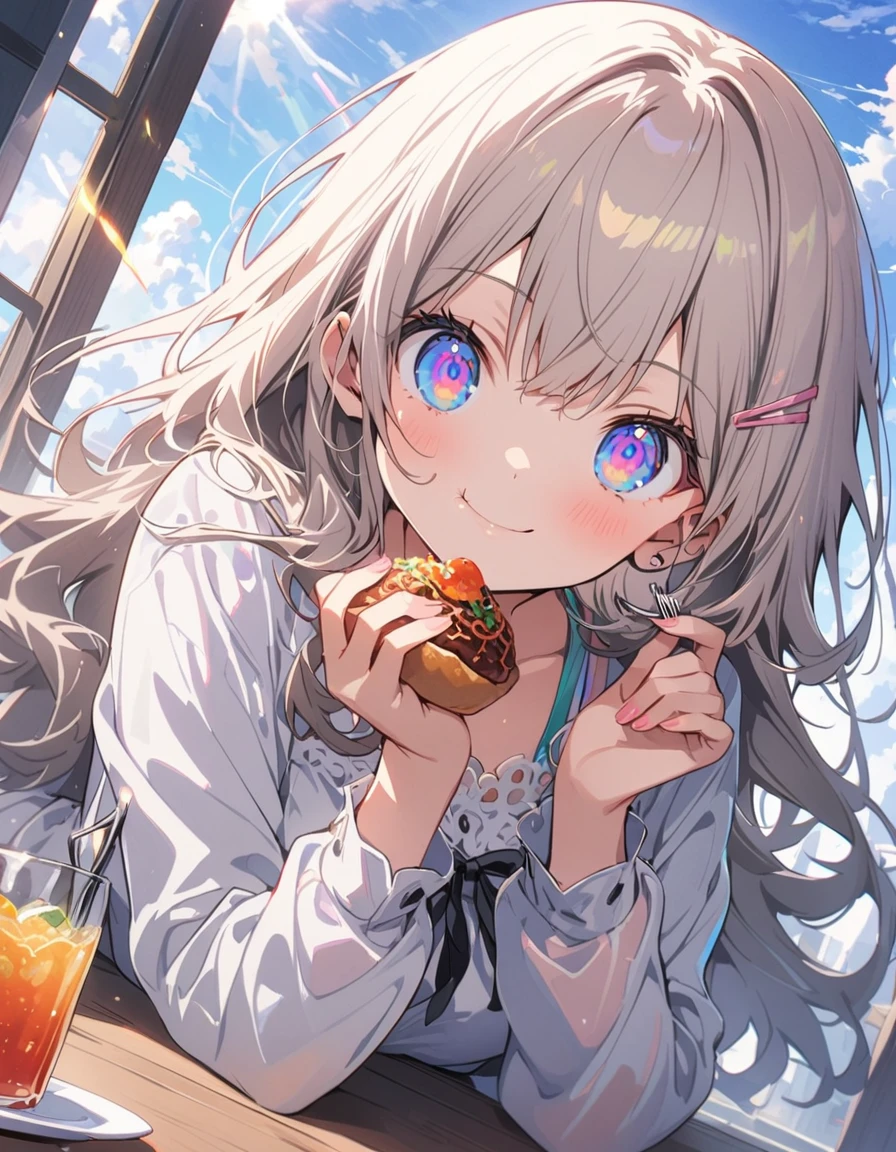 (1 girl)、(Eating spaghetti Napolitana skillfully using a fork)、(Extremely detailed Neapolitan)、Inside the cafe at noon、Smiling、(highest quality、masterpiece、High resolution、detailed)、animeスタイル、Flat Style、(iridescent eyes,Beautiful Face),extremely detailed、floating, (High saturation), Sunshine from the window, (Shine), Focus on Neapolitan, Dynamic Angle、anime