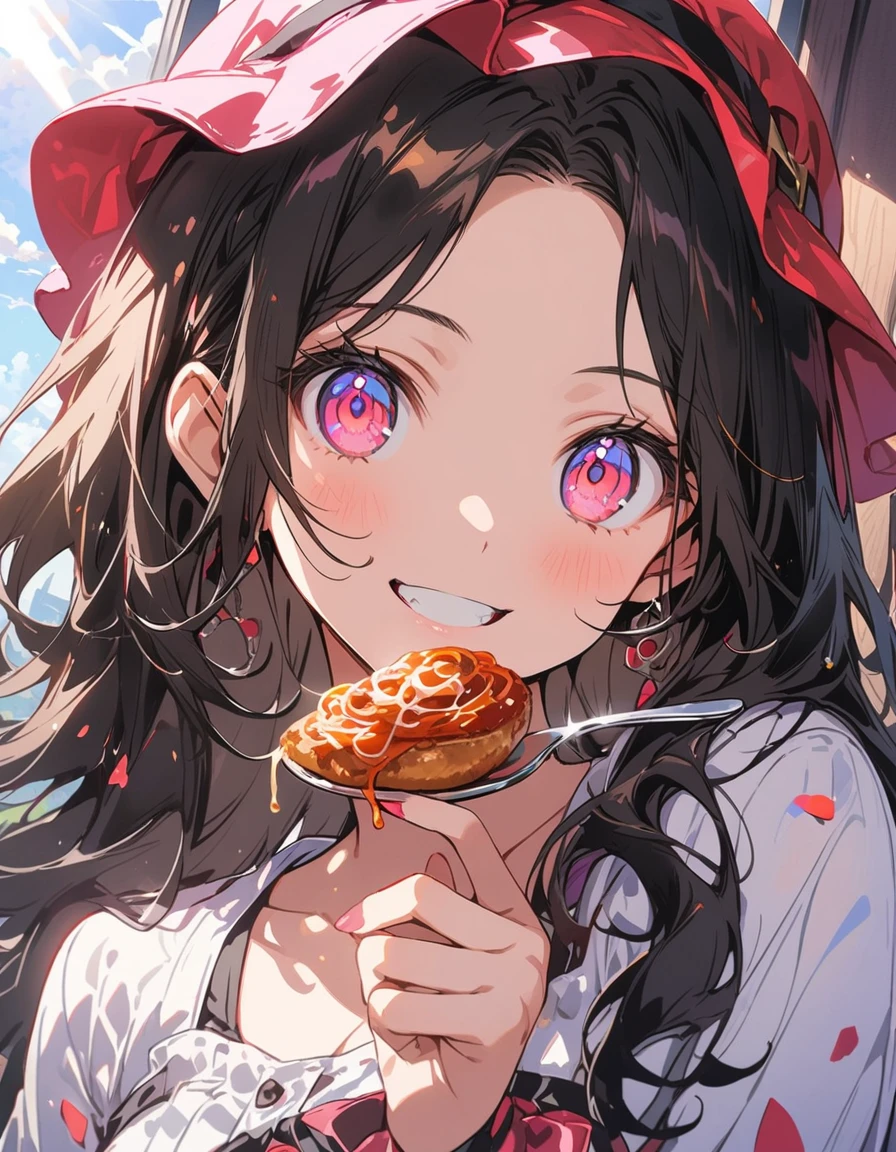 (1 girl)、(Eating spaghetti Napolitana skillfully using a fork)、(Extremely detailed Neapolitan)、Inside the cafe at noon、Smiling、(highest quality、masterpiece、High resolution、detailed)、animeスタイル、Flat Style、(iridescent eyes,Beautiful Face),extremely detailed、floating, (High saturation), Sunshine from the window, (Shine), Focus on Neapolitan, Dynamic Angle、anime