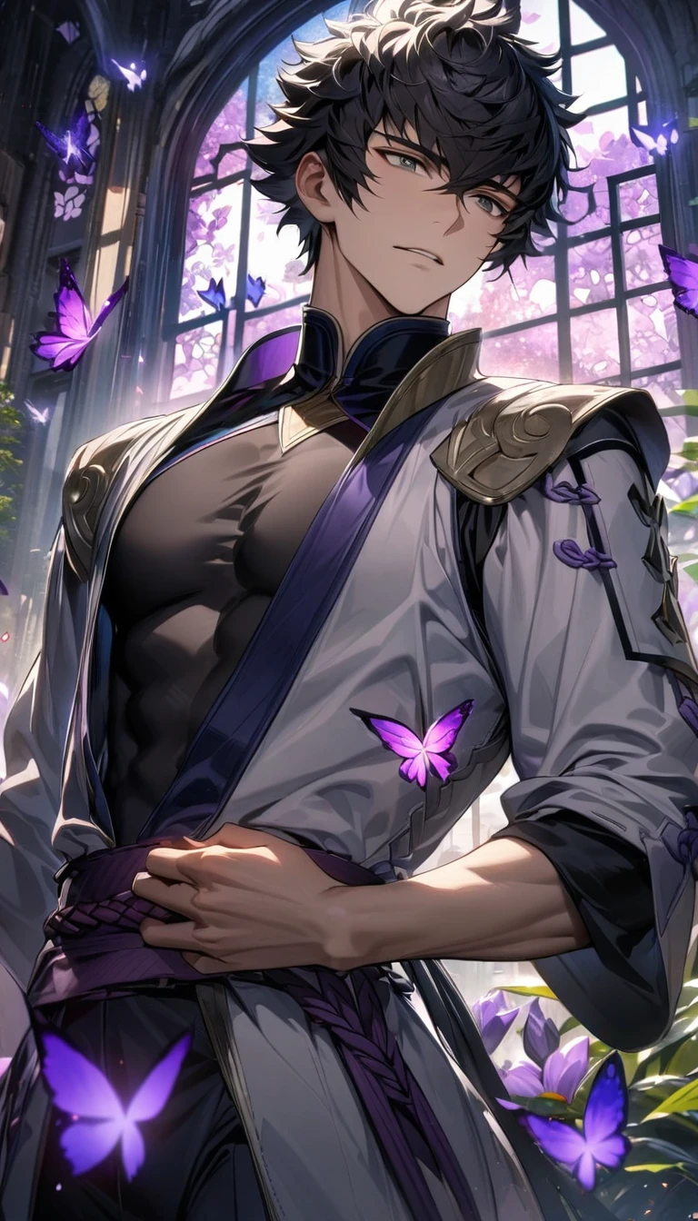 Ultra detailed, Highres, absurdres, HDR, Gojou Satoru, white hair with bangs, hair between the eyes, blue eyes, white eyelashes, white long coat with patterns, Jujutsu Kaisen, purple flowers, petals, extremely handsome, sexy man, toned chest, solo, very detailed eyes and face, black gloves, water, black pants, purple butterflies, black tight t-shirt,