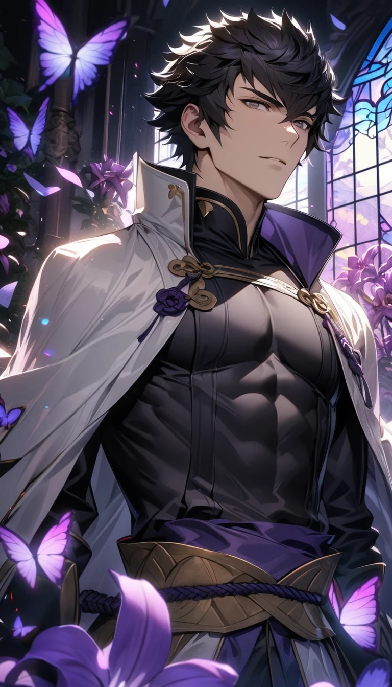 absurdres, highres, ultra detailed, HDR, master piece, best quality, Lon'qu, black hair, expressive grey eyes, Fire Emblem Awakening, solo, sexy man, handsome, white coat, black tight shirt, toned chest, glass stained window, purple shining butterflies, purple lilies, purple petals, garden