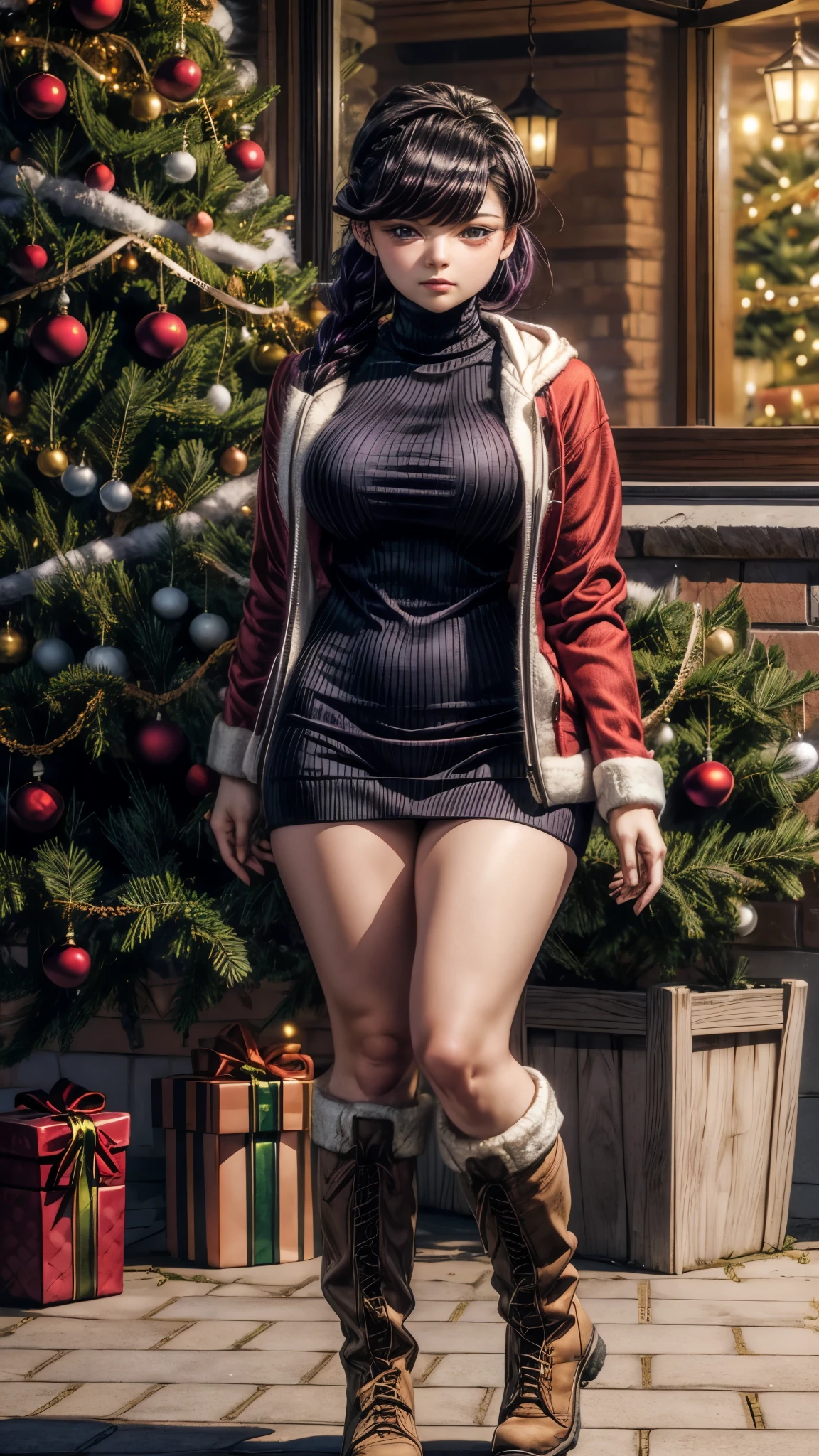 shokokomidef, purple hair, purple eyes, long hair, large breasts, thick thighs, curvy hips 
looking at viewer, white coat, braid, outdoors, christmas, box, turtleneck sweater, gift, boots, dress, christmas ornaments, black sweater, open clothes, holding, christmas tree, gift box, arms behind back, bangs, jacket, sweater, holding gift,
masterpiece, best quality,