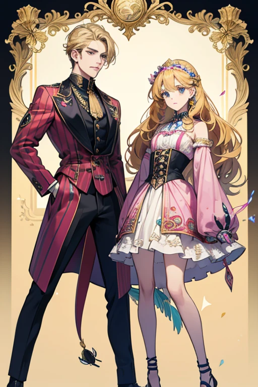 she has golden hair of moderate length tied back in a short, braided tail, with three distinctive oversized curls arranged in a row over her forehead. 

she wears a two-piece suit with a checkered coat tail and several ornate features, including wing-shaped emblems on the collars and a heart-shaped opening. The most distinctive features on her suit are the three ladybug emblems located on either side of her chest and directly below his zipper, matching the appearance of his Stand. Later on, her shoes also have the same ladybug emblem on them. The color scheme for her suit often changes in different depictions, but the most common colors are blue outlined with gold, and pink outlined with green. SPARKLE; GLITTER