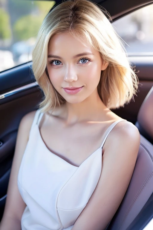 50th Generation、White, Short blonde, ,Mauve Eyes, Pure white dress, confident face, Beautiful Woman. Get in the car、parking、