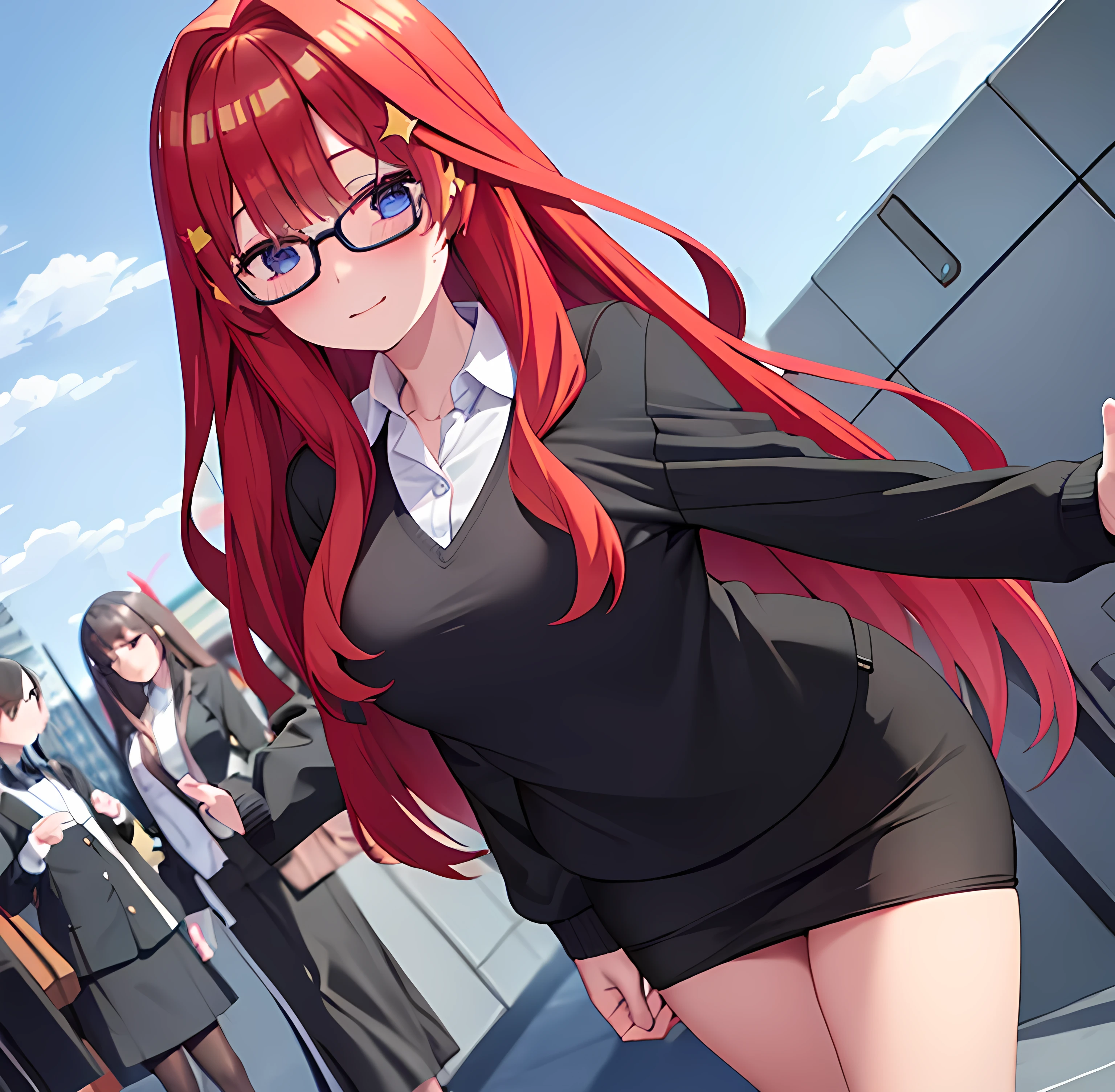 , , estilo mksks, antecedentes detallados, 1 chica, alone, Itsuki Nakano, Envejecido, mujer madura, adorno para el cabello estrella, pelo largo, cabello rojo, ahogo, golpes, cabello ojos asombrosos, cola de caballo, blue eyes, pechos grandes , chica de oficina, gafas rojas, abajo, chaqueta de traje negro, chaqueta con cuello, camisa de vestir blanca, camisa de cuello, escote, botones, acollador, ID card on the neck., Black pencil skirt, pantimedias negras, sonrisa, rubor, mirando al espectador,Punto de vista(desde abajo), Seductor, avergonzado, oficina, escritorio, computadora, interior, ((sweat rubor, pechos grandes, cintura media, Caderas anchas, muslos medianos, buena anatomia buenas manos