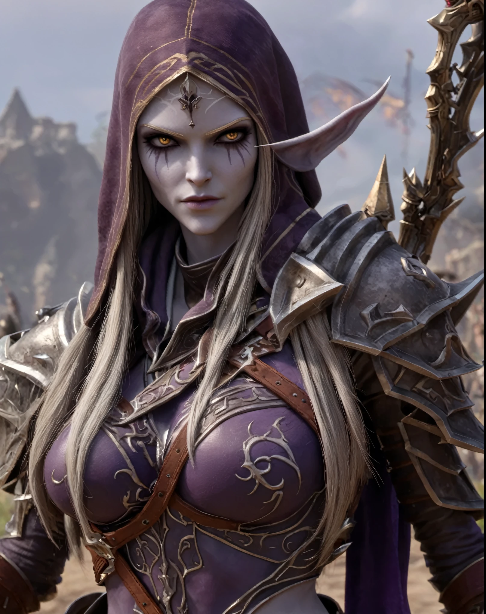 cinewow sylvanas windrunner,((masterpiece)),(best quality),awardwinning,trending on artstation cinematic,perfect body proportions,full body,side view