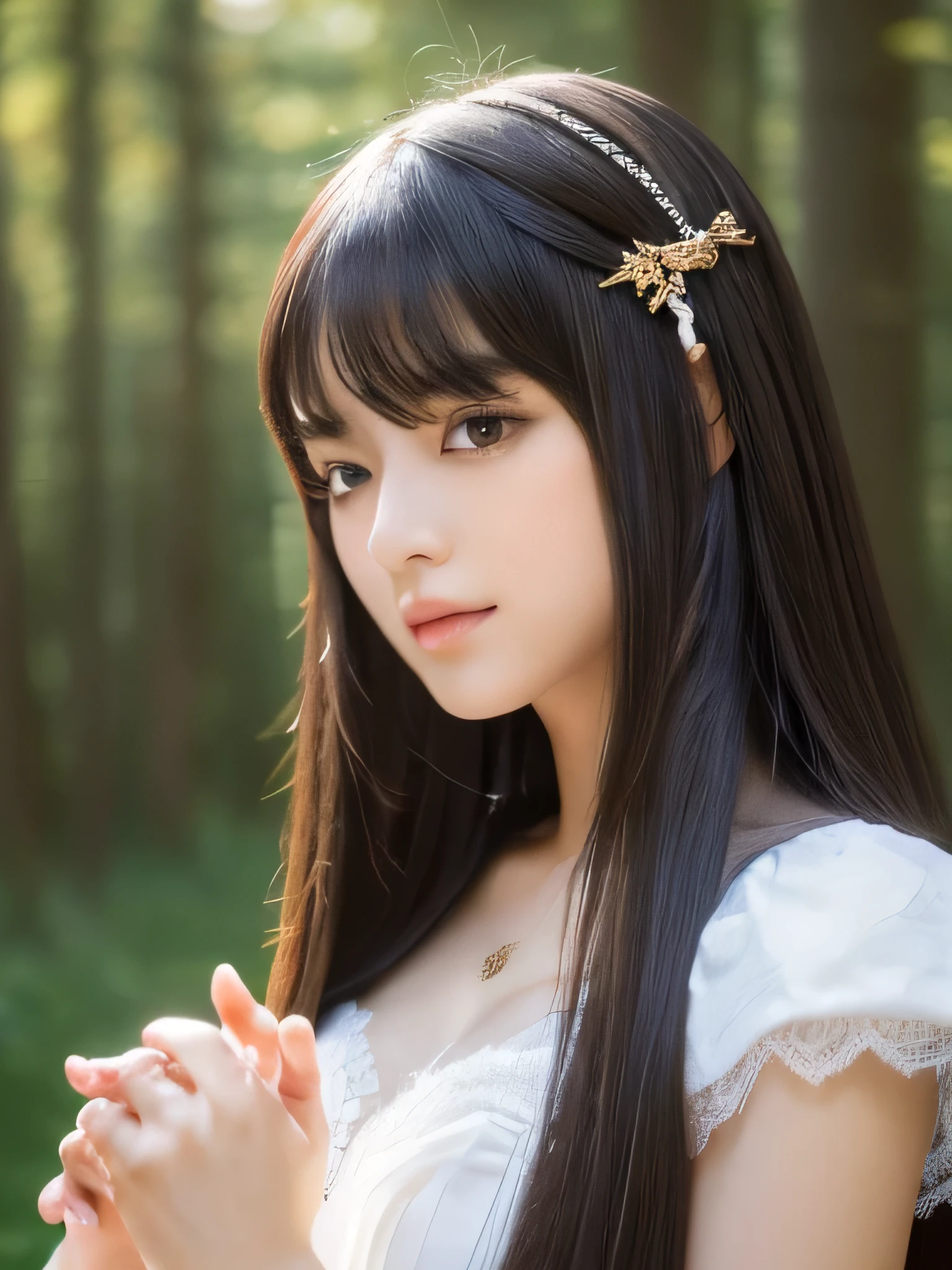 (This is a forest in a fantasy world.:1.5) ((Full Shot:1.3)) (big 1.4) ((highest quality)), ((masterpiece)), (Get used to it), Perfect Face (1 girl) (Japanese) (She is 24 years old、The most beautiful fantasy girls in Japan) ((highest quality)), ((masterpiece)) ((Her incredibly straight, waist-length, high quality hair is very shiny and glossy and has a lot of volume and shine. Her hair is a deep black.)) (Her bangs are beautiful and lush:1.3) (She has perfect beautiful makeup Lipstick is light red Eyeliner is a beautiful black) Anatomically correct hand Thin fingers Anatomically correct five fingers Beautiful Japanese girl face, (Long Hair shiny Long Hair, length, Shiny Thick black hair, length, Her hair is long and straight, Super Long Hair girl, Silky Hair, Silky Hair, length, Flat Hair, Silky texture, Long Hair, length, Flowing, Thick black hair, thin and shiny hair) Anatomically correct、White beautiful human skin and detail of hands and fingers Beautiful Eyes Mouth Details the corners of the mouth rise slightly Cool look (The eyebrows are dark brown in color) (She is wearing a fantasy pure white lace gown dress and healing spellcaster gear...:1.5 She is wearing a gorgeous white Victorian dress:1.I'wear 5..) (Open your mouth:1.3) (She turns to the viewer and smiles sweetly..) (She has a wizard's wand、A pose like she's casting a spell:2.5)