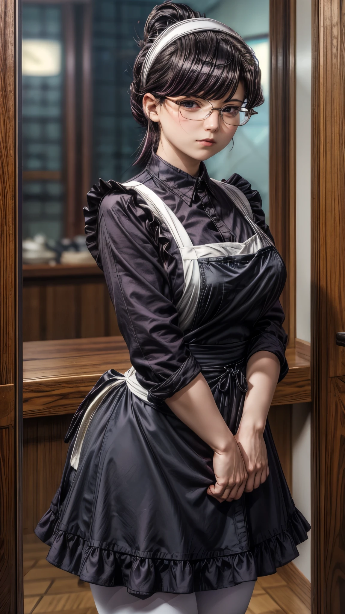 shokokomidef, purple hair, purple eyes, long hair, large breasts, thick thighs, curvy hips 
looking at viewer, enmaided, bangs, apron, frills, expressionless, maid headdress, black-framed eyewear, hair bun, dress, maid, glasses, closed mouth, upper body,
masterpiece, best quality,