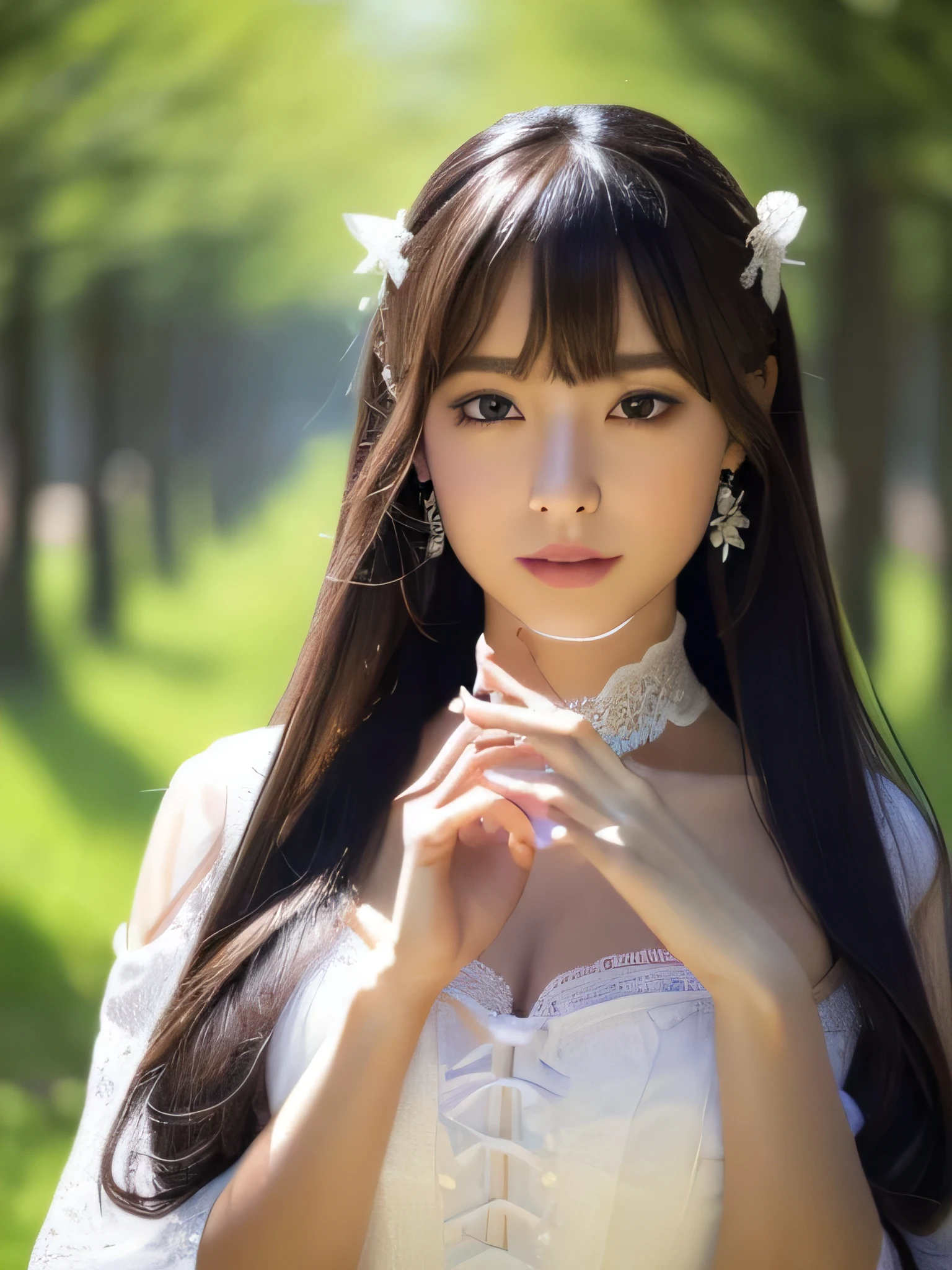 (This is a forest in a fantasy world.:1.5) ((Full Shot:1.3)) (big 1.4) ((highest quality)), ((masterpiece)), (Get used to it), Perfect Face (1 girl) (Japanese) (She is 24 years old、The most beautiful fantasy girls in Japan) ((highest quality)), ((masterpiece)) ((Her incredibly straight, waist-length, high quality hair is very shiny and glossy and has a lot of volume and shine. Her hair is a deep black.)) (Her bangs are beautiful and lush:1.3) (She has perfect beautiful makeup Lipstick is light red Eyeliner is a beautiful black) Anatomically correct hand Thin fingers Anatomically correct five fingers Beautiful Japanese girl face, (Long Hair shiny Long Hair, length, Shiny Thick black hair, length, Her hair is long and straight, Super Long Hair girl, Silky Hair, Silky Hair, length, Flat Hair, Silky texture, Long Hair, length, Flowing, Thick black hair, thin and shiny hair) Anatomically correct、White beautiful human skin and detail of hands and fingers Beautiful Eyes Mouth Details the corners of the mouth rise slightly Cool look (The eyebrows are dark brown in color) (She is wearing a fantasy pure white lace gown dress and healing spellcaster gear...:1.5 She is wearing a gorgeous white Victorian dress:1.I'wear 5..) (Open your mouth:1.3) (She turns to the viewer and smiles sweetly..) (She has a wizard's wand、A pose like she's casting a spell:2.5)