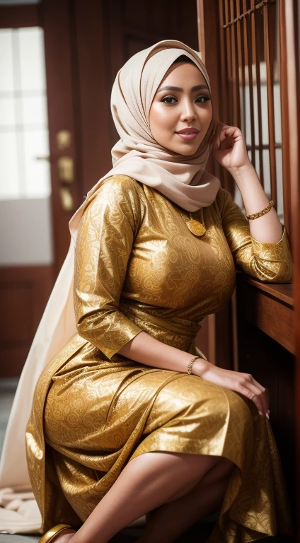 RAW, Best quality, high resolution, masterpiece: 1.3), beautiful Malay woman in hijab (iu:0.8)1beautiful Malay woman ,((big breast)),detail face,perfect yeyes, soft smile, sitting on a chair in a room with a bird cage, batik, traditional beauty, with beautiful exotic, very beautiful enga style, with lovely look, idian dress, style of ade santora, inspired by Sasha Putrya, inspired by Mym Tuma, inspired by Basuki Abdullah, wearing an ornate outfit, inspired by Shaddy Safadi