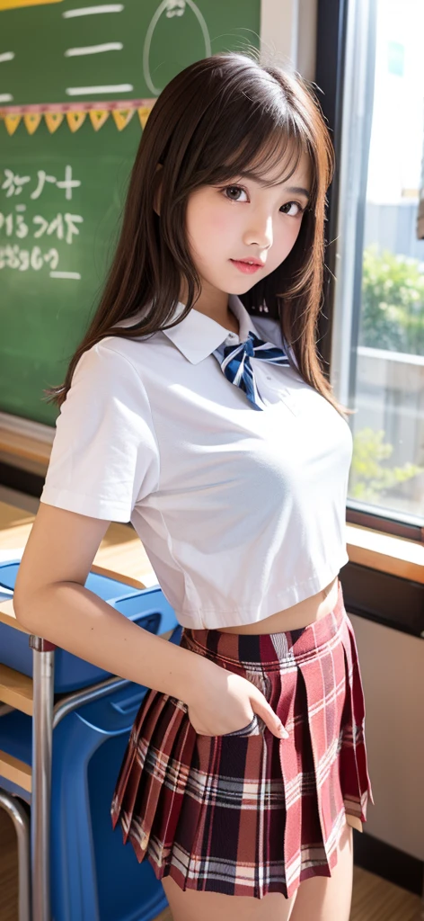From below, beautiful girl, cute, , Looking at the camera, School classroom, Low-rise micro mini check pleated skirt, Idol's face, Blur the background, Bobcut, Super huge breasts, smile, Realistic