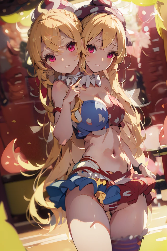 (masterpiece, best quality), best quality, (ultra-detailed), (3heads:1.5), 1girl, (ultra-detailed), (3heads:1.5), 1girl, (clownpiece:1.3), masterpiece, best quality, ultra quality, ultra resolution, ultra detail, red and blue top, crop top, ((stomach)), midriff, ((groin)), red and blue skirt, normal ears, shackles, blonde hair, very long hair, wavy hair, sidelocks, pink eyes, parted lips, blonde, sweat, cute, toned belly, hand on own chest, eyelashes, (24 year old woman:1.3), (masterpiece:1.5), (best quality:1.5), (beautiful detailed), extremely detailed CG, extremely delicate and beautiful, depth of field, (finely detailed face), (perfect details:1.2), (mature female:1.3), wide pelvis, slender, large veiny breast, 16k resolution, highres, very high quality, very high definition, extremely detailed, masterpiece, blonde hair, long hair, alluring presence, braid, short skirt, close up, big tits, young, purple, polka-dotted jester's hat, fairy wings, torch, nsfw, open belly,
