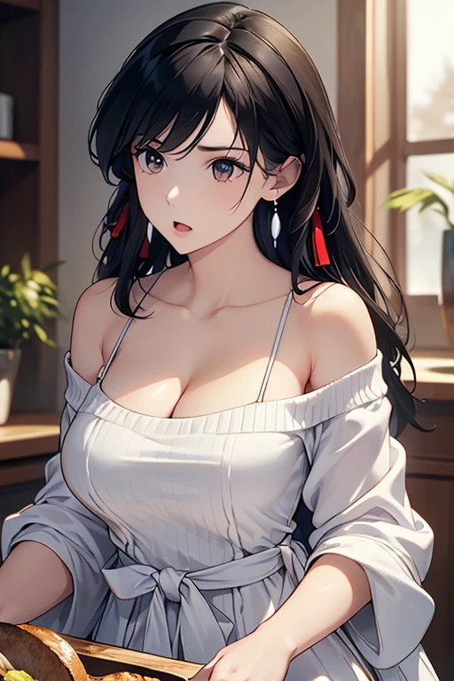 masterpiece, yor, 1girl, Amazing Cleavage:1.3, thin waist, big ass, Raised sexy, medium breast: 1.0 posed cleavage:1.2、solo, looking at viewer, open mouth, have a cute grass of cute beergrass,black hair, red eyes, dress, bare shoulders, jewelry, collarbone, sidelocks, hairband, earrings, indoors, off shoulder, :o, sweater, arms behind back, plant, short hair with long locks, white hairband, off-shoulder dress, sweater dress, off-shoulder sweater, red sweater, big side hair, very long side hair,is rendered in (masterpiece: 1.2, best quality), with (ultra high resolution) and an exquisite (depth of field). This masterpiece is not only visually stunning but also tells,A scene of cooking in the kitchen
