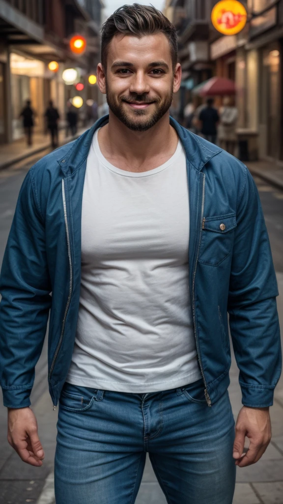 babylasagna, photo of a man wearing iridescent plastic jacket and jeans and white t-shirt walking down the street, nice muscles sise mark under mesh shirt, smile, soft focus, photo by mark henderson, cinematic, natural lighting, muted colors, night, bokeh, face portrait, (extreme close up:1), urban, beard, dynamic pose, fog, red and blue neon city lights, alley, realistic, masterpiece, intricate details, detailed background, depth of field