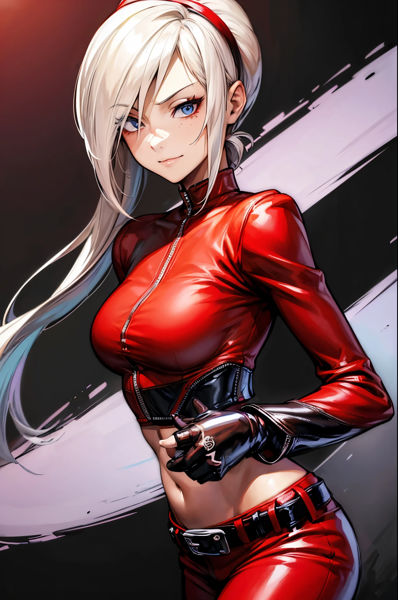 (masterpiece, best quality:1.2), expressive eyes, perfect face, highres, 1girl, solo, (female:1.5), AshCrimson, blonde hair, hair covering eye, hair band, red jacket, freckles, red bodysuit, red pants, belt, fingerless gloves, nail polish, smirk, midriff, standing, upper body portrait, looking at the viewer