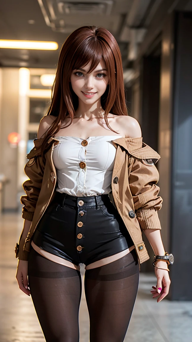 (Muscular:1.5), (thick thighs:1.5), 
(kurisu mikase:1.5), (big smile:1.3), (small breasts),
eyeshadow, (button up, black shorts, pantyhose, off the shoulder brown jacket:1.5),
looking at viewer, (three quarter view), (upper body view:1.4),
appartment, rim lighting, detailed skin, detailed eyes