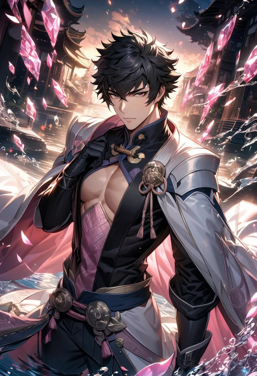Ultra detailed, Highres, absurdres, HDR, master piece, lon'qu, black hair, expressive silver eyes, extremely handsome, Fire Emblem Awakening, sexy man, solo, extremely detailed eyes and face, white long coat with patterns, pink ice, toned chest, glittering, black gloves, black tight shirt, water, pink ice flowers, petals,