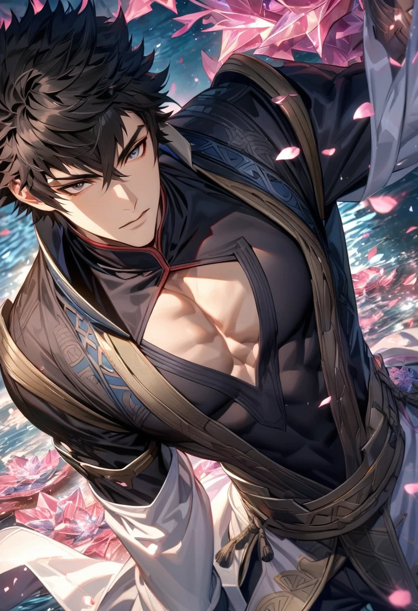 Ultra detailed, Highres, absurdres, HDR, master piece, lon'qu, black hair, expressive silver eyes, extremely handsome, Fire Emblem Awakening, sexy man, solo, extremely detailed eyes and face, white long coat with patterns, pink ice, toned chest, glittering, black gloves, black tight shirt, water, pink ice flowers, petals,