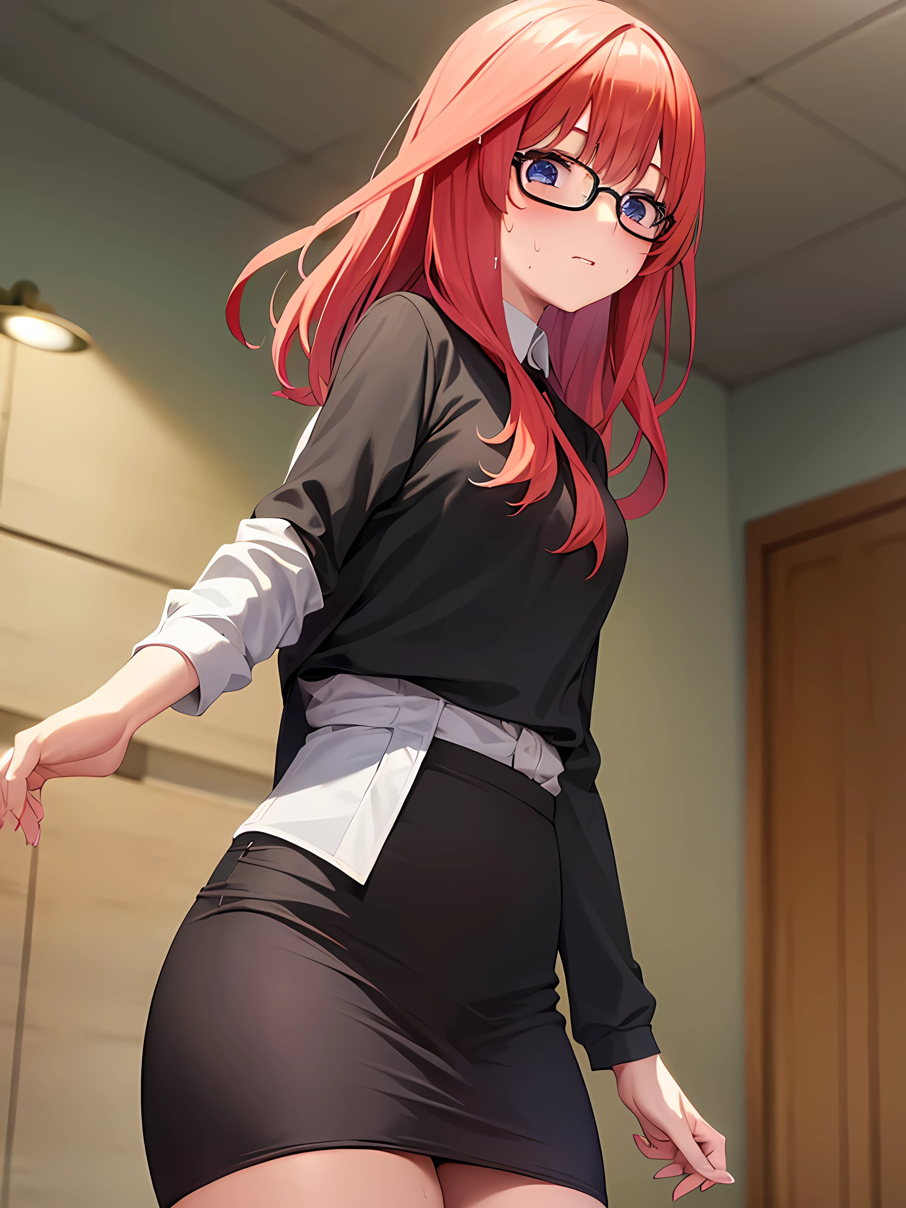 , , estilo mksks, antecedentes detallados, 1 chica, alone, Itsuki Nakano, Envejecido, mujer madura, adorno para el cabello estrella, pelo largo, cabello rojo, ahogo, golpes, cabello ojos asombrosos, cola de caballo, blue eyes, pechos grandes , chica de oficina, gafas rojas, abajo, chaqueta de traje negro, chaqueta con cuello, camisa de vestir blanca, camisa de cuello, escote, botones, acollador, ID card on the neck., Black pencil skirt, pantimedias negras, sonrisa, rubor, mirando al espectador,Punto de vista(desde abajo), Seductor, avergonzado, oficina, escritorio, computadora, interior, ((sweat rubor, pechos grandes, cintura media, Caderas anchas, muslos medianos, buena anatomia buenas manos