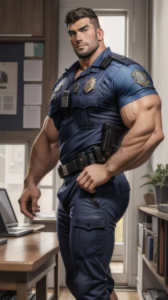 A 30 years old sexy police man showing his big butt at the departament officer, strong arms and legs, extremely well detailed, full precision, art by Tom da Finland, gaston bussiere, Alphonse Mucha, William-Adolphe Bouguereau