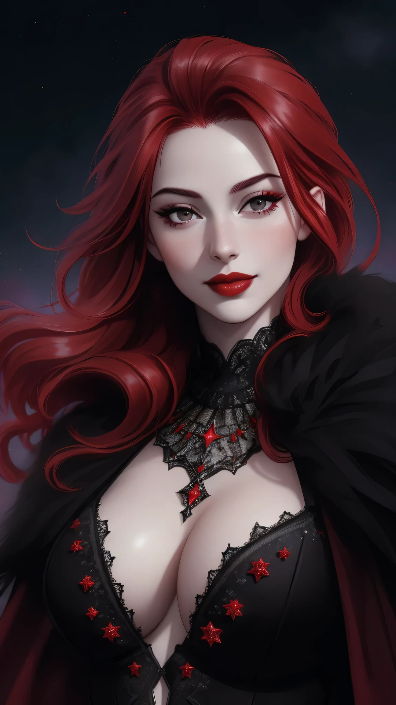 (Masterpiece - Ultra-Detailed, High Resolution) ((vivid red hair)), mature woman, 30 years old, diamond face, red starry sky background, depth of field, magic, big red lips, ((dark and black eyes)) black and red long and full dress, covered chest, mystical atmosphere, ominous shadows, Intense blue aura, Intense red aura (best quality:1.2), absurdres, intricate details, (highly detailed skin:1.2), smile expression, posing, taut and well defined body, attractive. Highly realistic, pale skin, beautiful, hyperrealism, skin very elaborated, direct gaze
