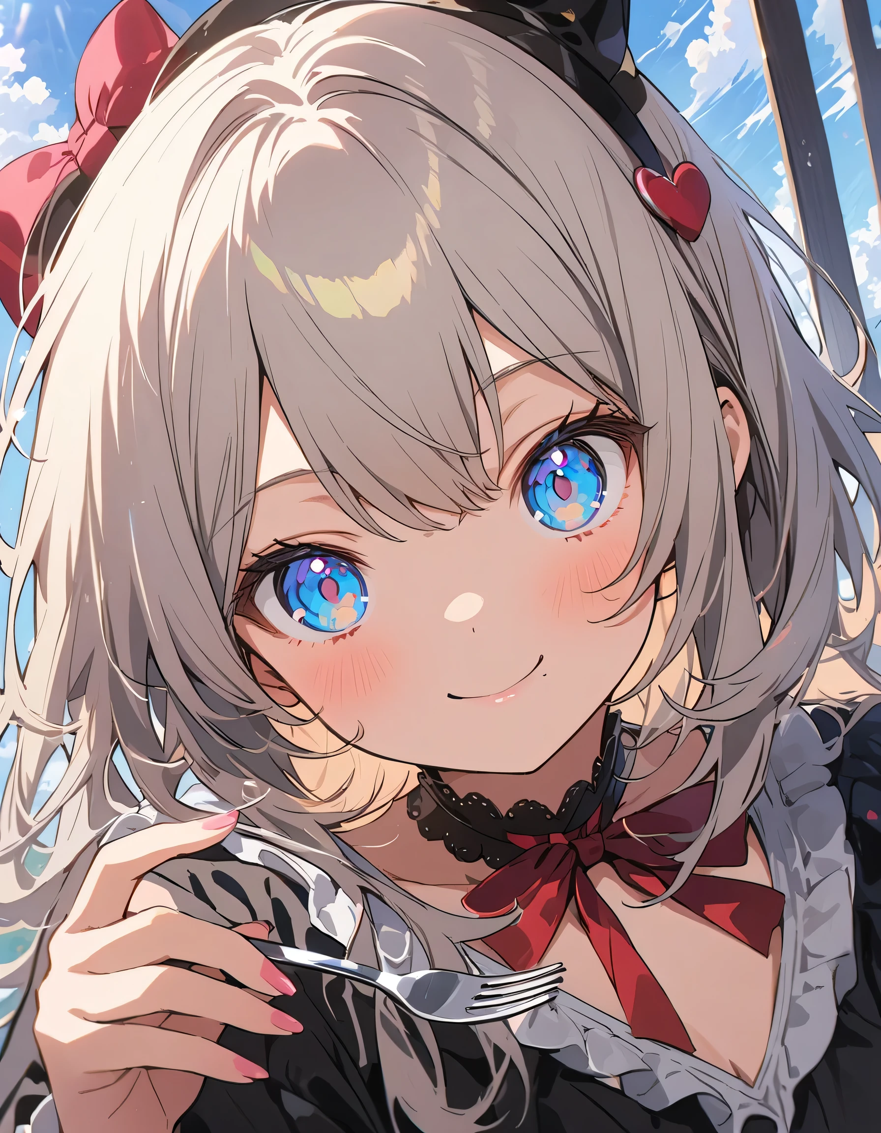 (1 girl)、(Eating spaghetti Napolitana skillfully using a fork)、(Extremely detailed Neapolitan)、Inside the cafe at noon、Smiling、(highest quality、masterpiece、High resolution、detailed)、anime style、Flat Style、(iridescent eyes,Beautiful Face),extremely detailed、floating, (High saturation), Sunshine from the window, (Shine), Focus on Neapolitan, Dynamic Angle、anime