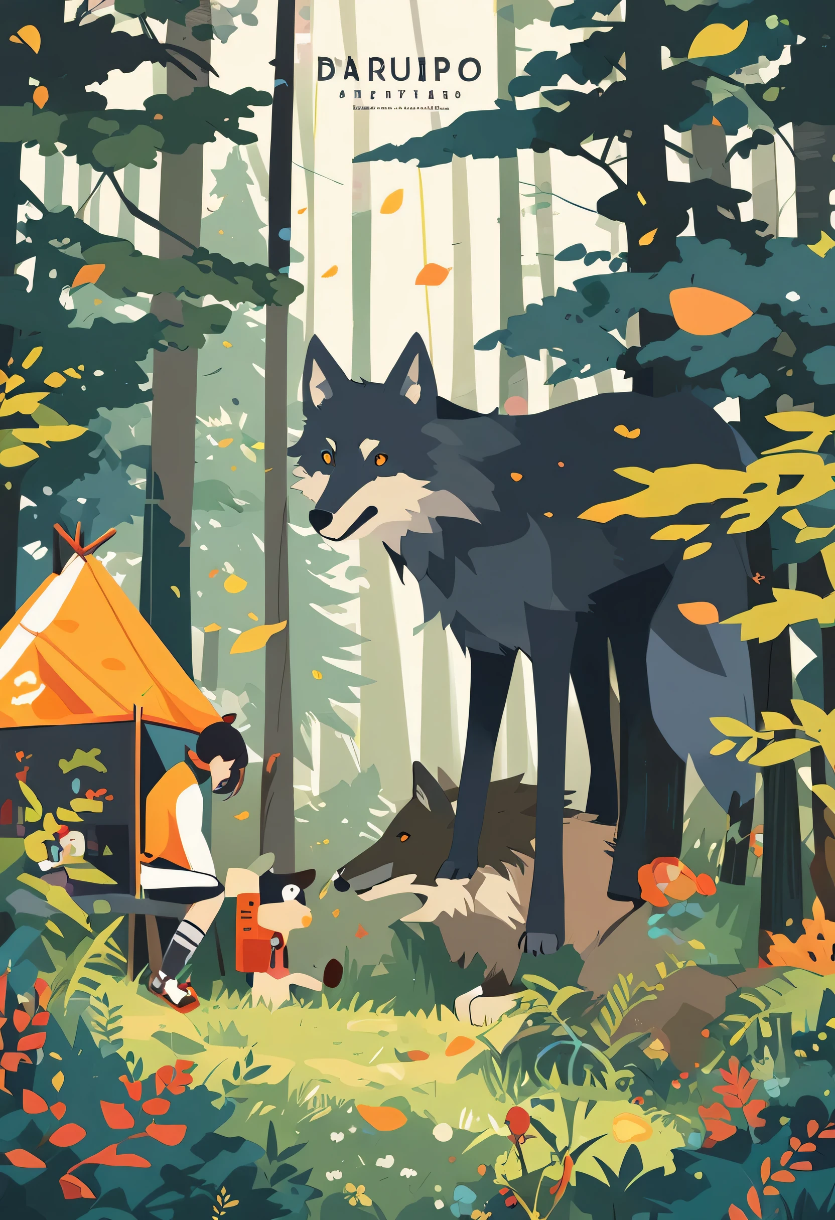 cover page, A girl and a wolf meet in the forest, flat Design, vector illustrations, graphic illustration, detailed 2d illustration, flat illustration, digital illustration, digital artwork,