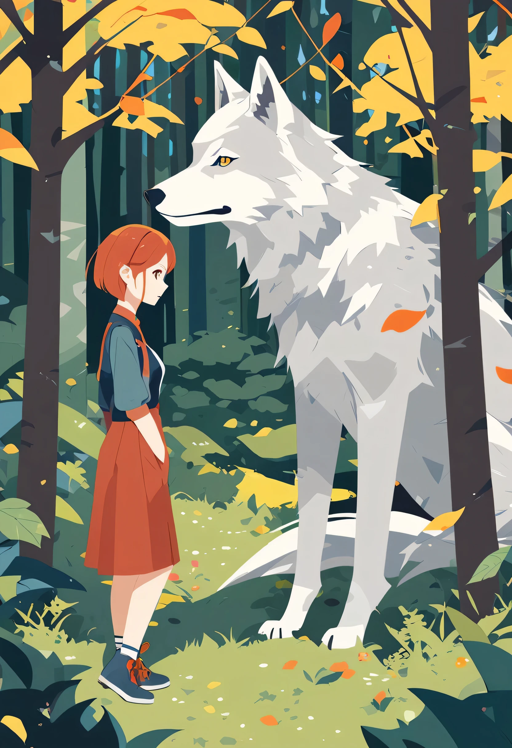 cover page, A girl and a wolf meet in the forest, flat Design, vector illustrations, graphic illustration, detailed 2d illustration, flat illustration, digital illustration, digital artwork,