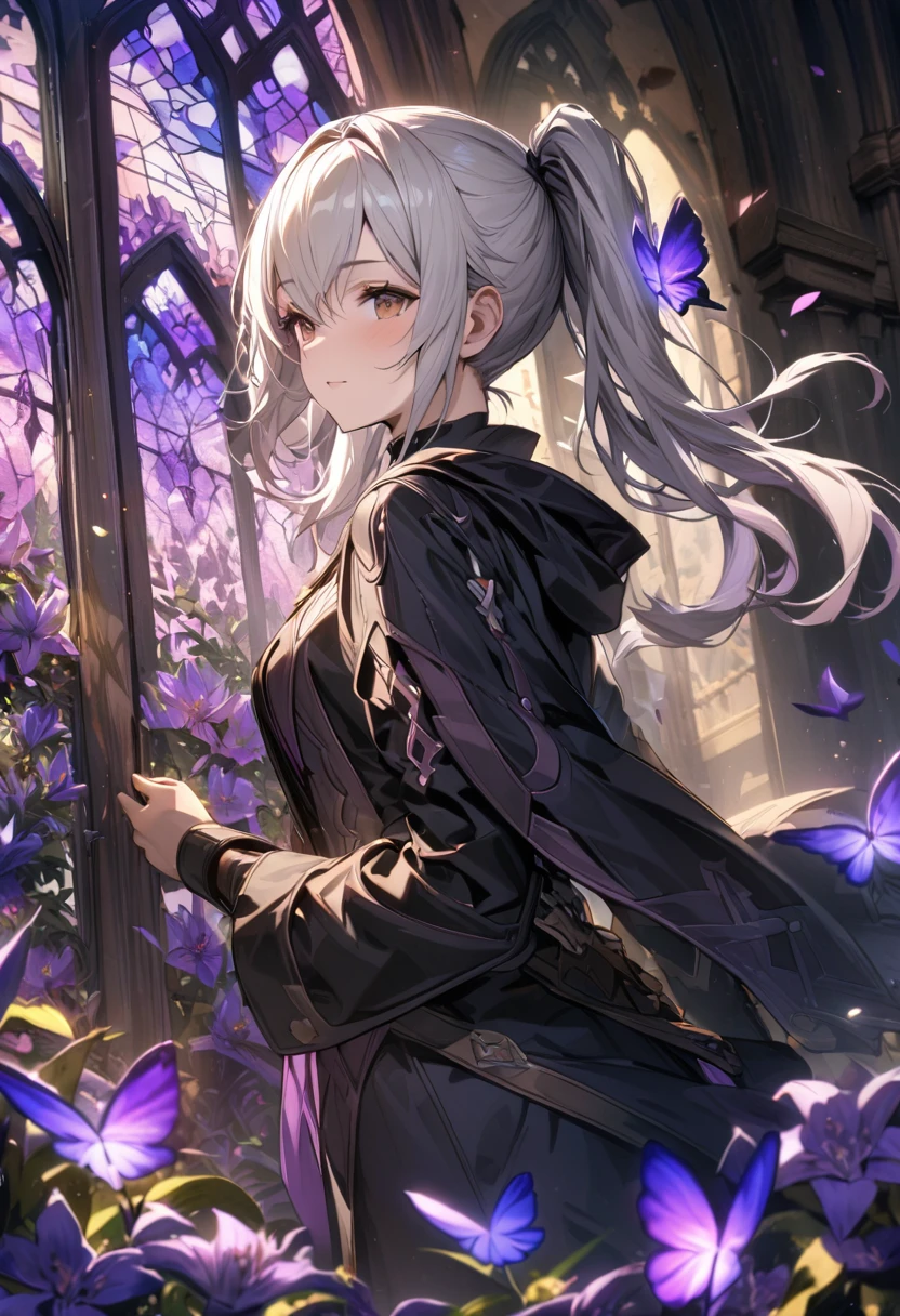 absurdres, highres, ultra detailed, HDR, master piece, best quality, Robin, white hair tied in two ponytails, expressive brown eyes, Fire Emblem Awakening, solo, girl, extremely beautiful, black coat, glass stained window, purple shining butterflies, purple lilies, purple petals, garden