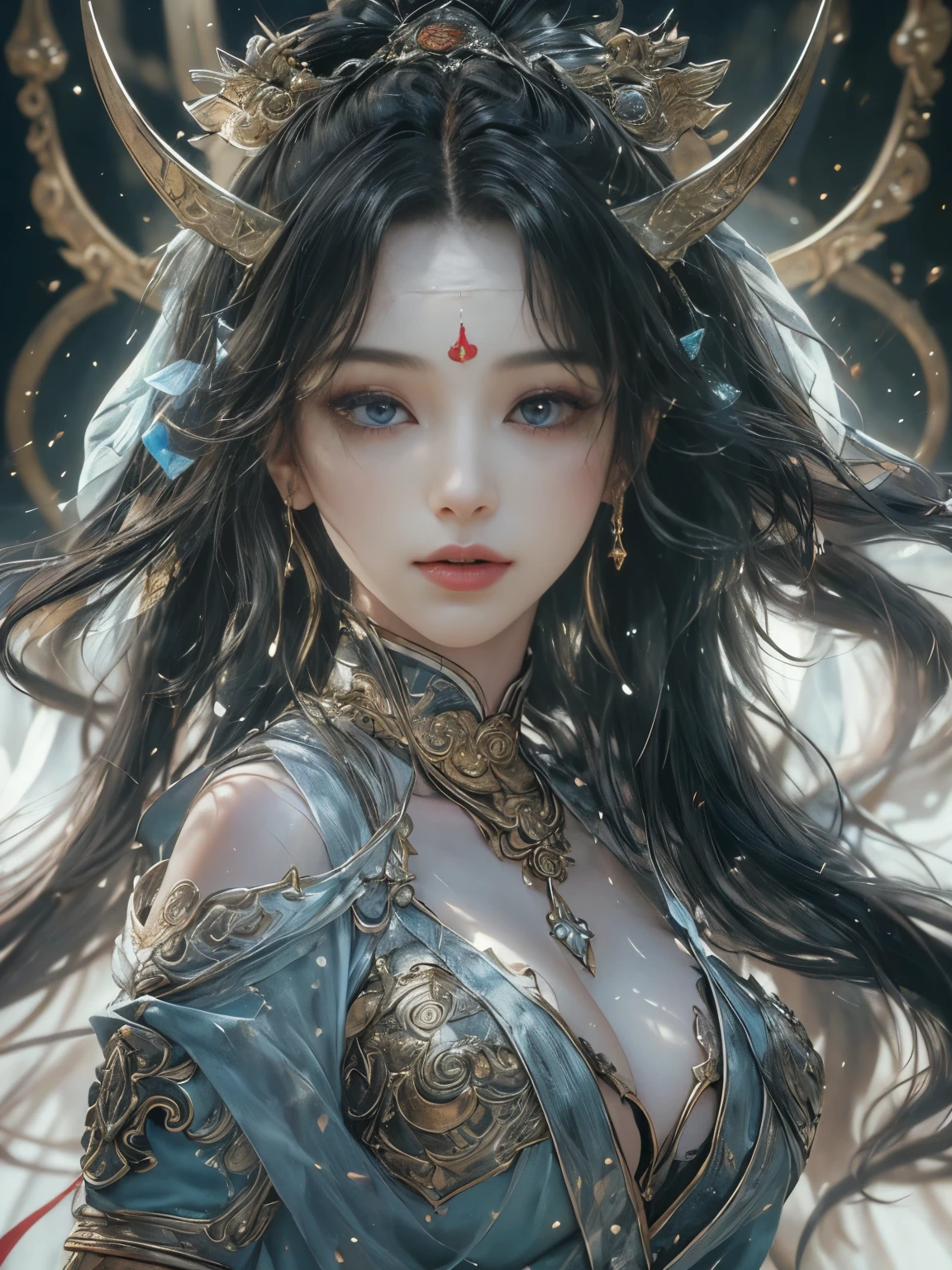 ((((masterpiece, Best Quality, High resolution)))), extremely detailed 8K, {(1 girl:1.6), sexy Beautiful 17 years old girl with slim body, (Buddhist god Asura:1.3):1.6}(Ultra HD, Ultra-detailed, Highly detailed, Highly realistic, Ultra-realistic, photos realistic),{ deep depth of field, (god ray:1.2), (bounced front lighting:1.1), (soft diffused lighting:1.6) } (1girl:1.5), black long hair, (dynamic sexy poses), (very delicate and natural hair:1.3), facing at camera, light smile, (big firm bouncing breasts: 1.6), (very delicate and natural face, very delicate and natural eyes:1.3),(very delicate and natural clothes:1.2),(crystal blue eyes:1.2),{standing on top of cylinder:1.4,shinning halo:1.4}