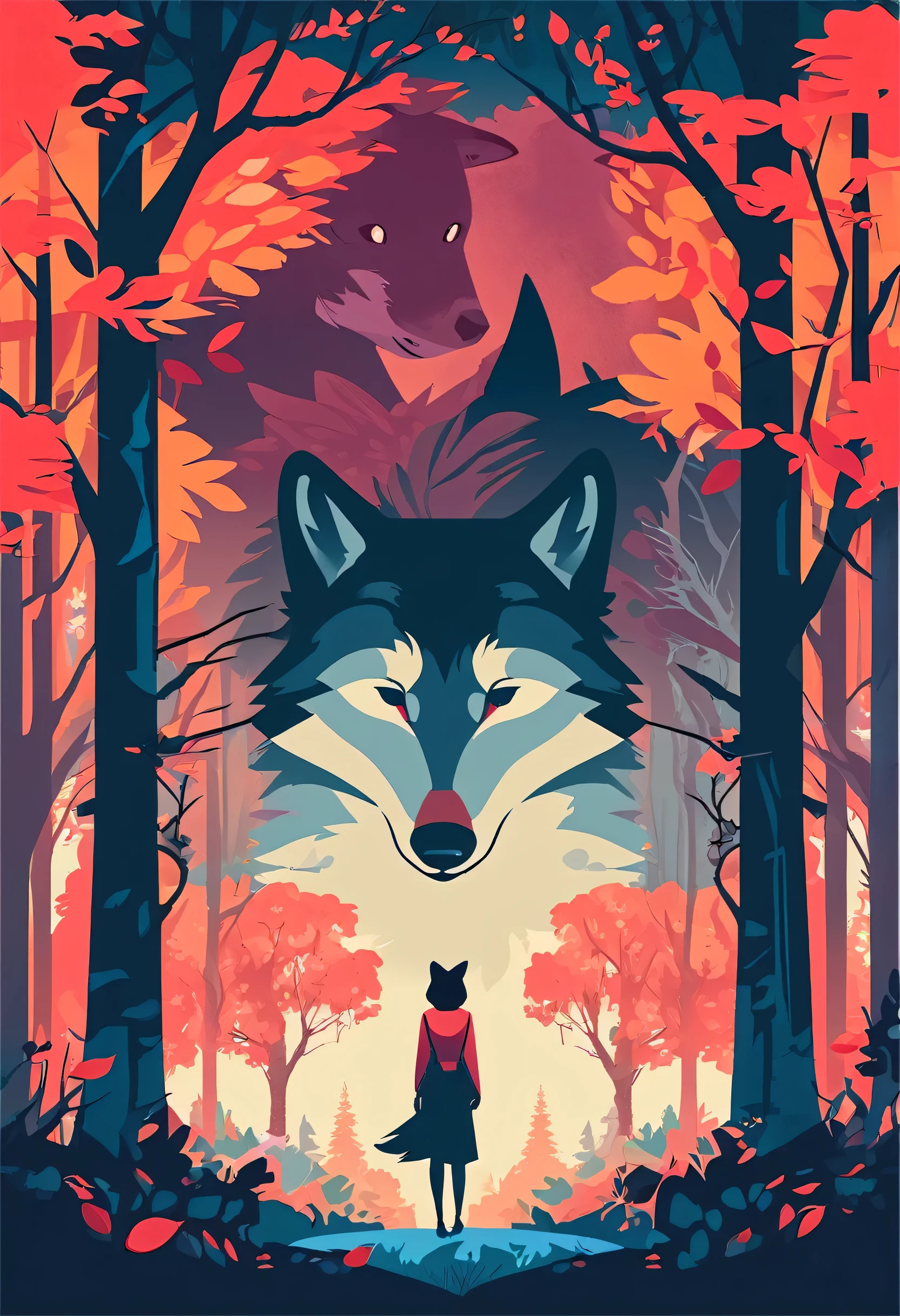 movie poster, A girl and a wolf meet in the forest, flat Design, vector illustrations, graphic illustration, detailed 2d illustration, flat illustration, digital illustration, digital artwork,