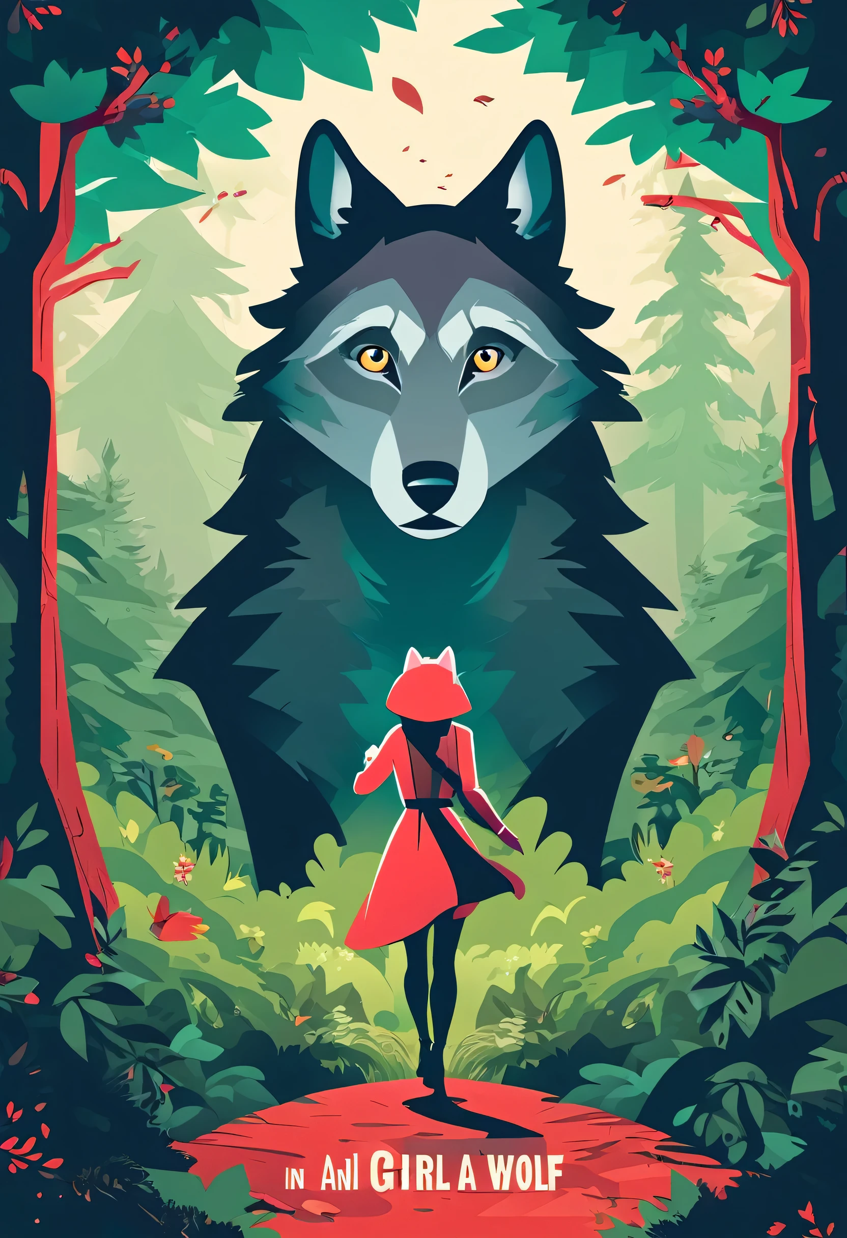 movie poster, A girl and a wolf meet in the forest, flat Design, vector illustrations, graphic illustration, detailed 2d illustration, flat illustration, digital illustration, digital artwork,