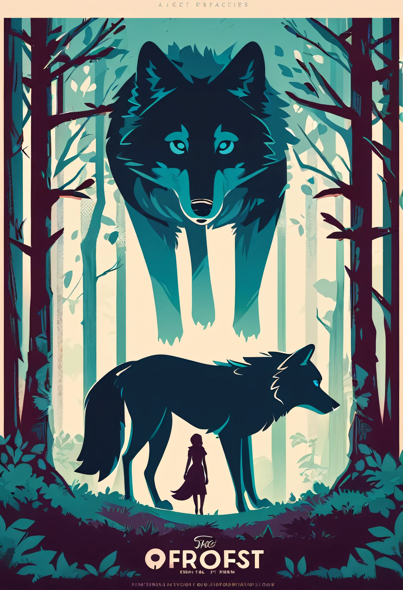 movie poster, A girl and a wolf meet in the forest, flat Design, vector illustrations, graphic illustration, detailed 2d illustration, flat illustration, digital illustration, digital artwork,