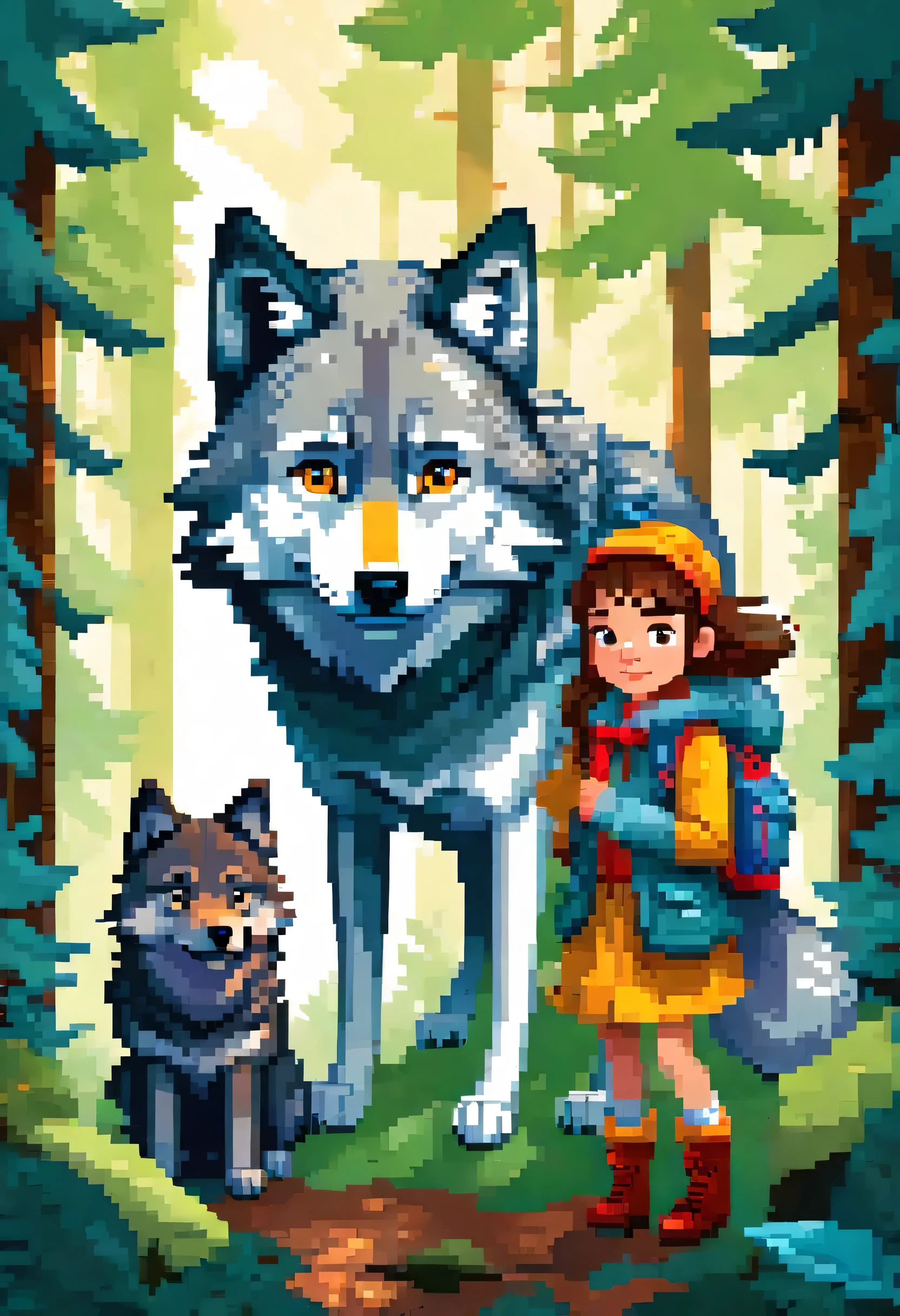 cover page, A girl and a wolf meet in the forest, flat Design, vector illustrations, graphic illustration, detailed 2d illustration, flat illustration, digital illustration, digital artwork,