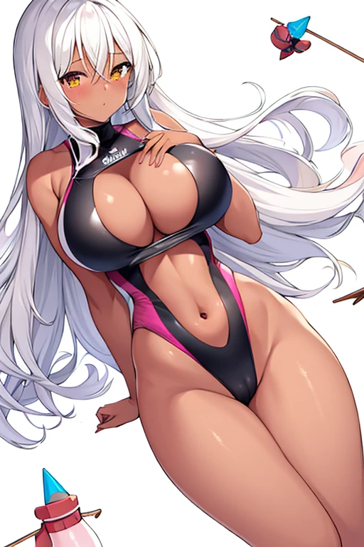 1girl, dark skin, dark-skinned female, white hair, long hair, large breasts, wide hips, thick thoghs, one-piece swimsuit, competition swimsuit, black swimsuit, pink trim, slingshot swimsuit