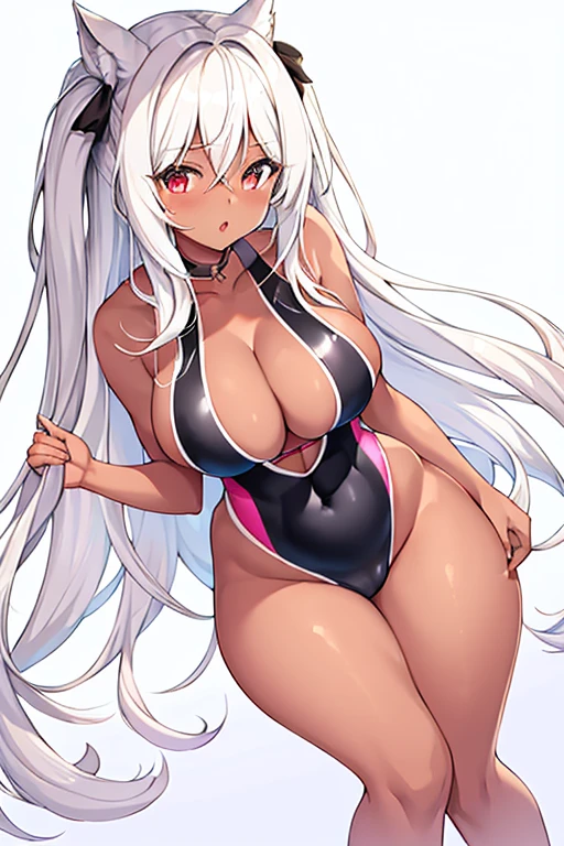 1girl, dark skin, dark-skinned female, white hair, long hair, large breasts, wide hips, thick thoghs, one-piece swimsuit, competition swimsuit, black swimsuit, pink trim, slingshot swimsuit