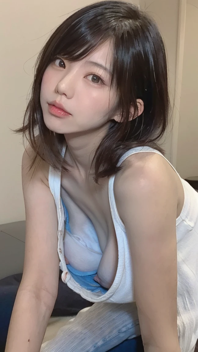 highest quality, Ultra-high resolution, Highly detailed skin, Physically Based Rendering, Look Down,(((Japanese woman in her 20s)))(((On all fours,、No bra, Large Breasts, I can see the nipples too, from the front))),(topless),(Beautiful background:1.2), (Cleavage), (A breast flash showing the nipple), A shirt with a wide open chest