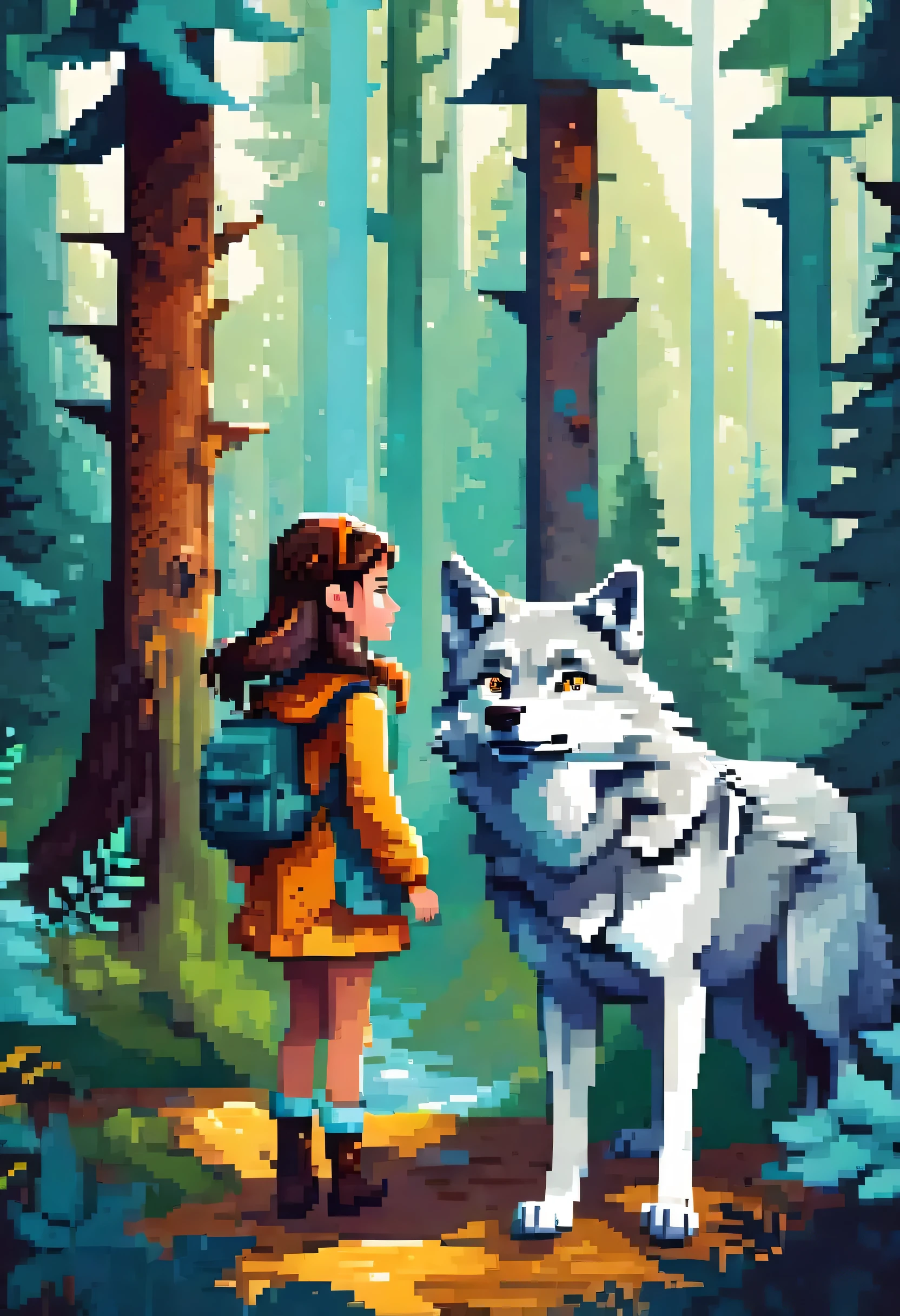 cover page, A girl and a wolf meet in the forest, flat Design, vector illustrations, graphic illustration, detailed 2d illustration, flat illustration, digital illustration, digital artwork,