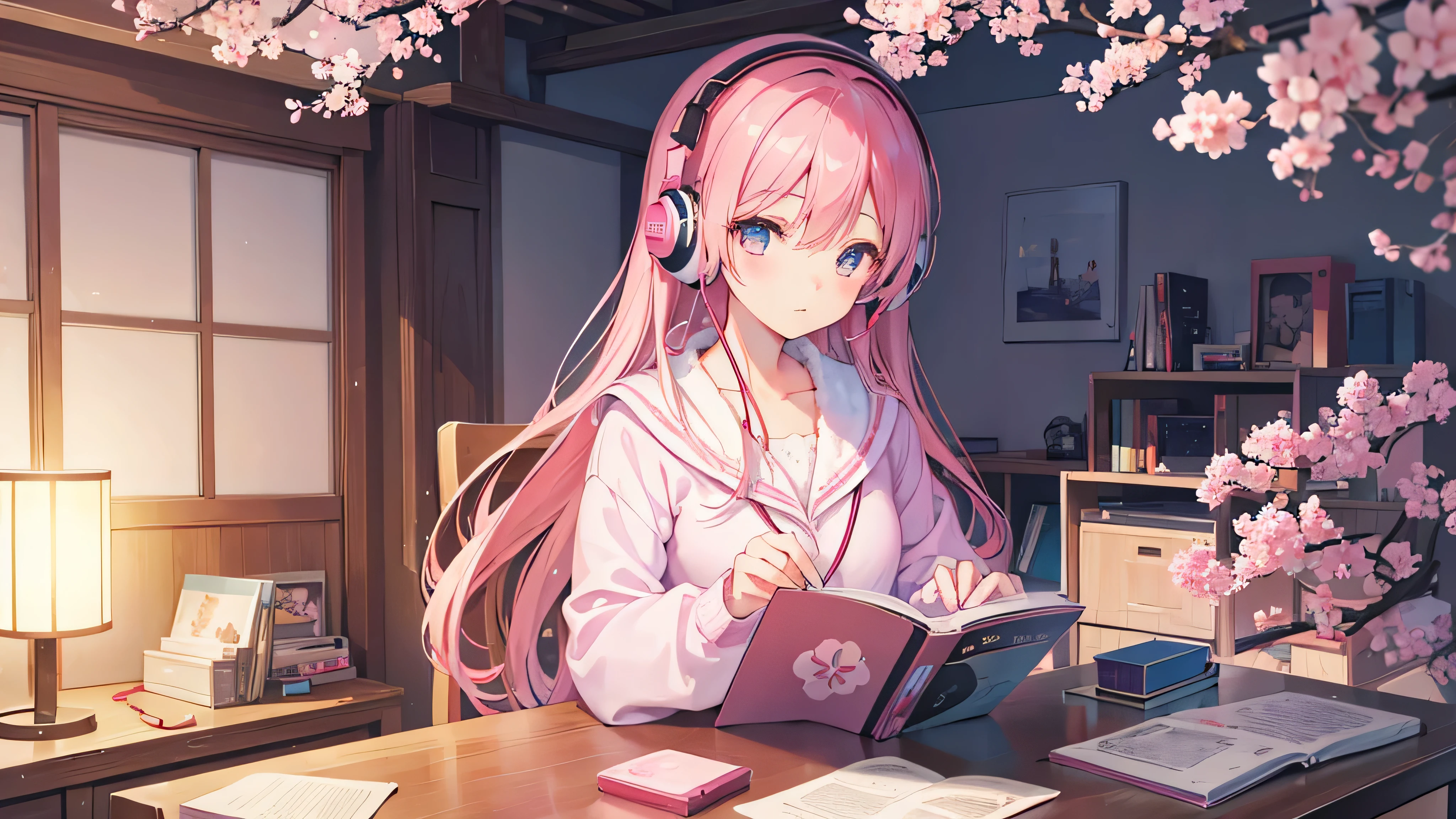 Beautiful girl studying in her room while listening to music with headphones　Warm lighting　Outside the room, cherry blossoms are blooming　Japanese anime style