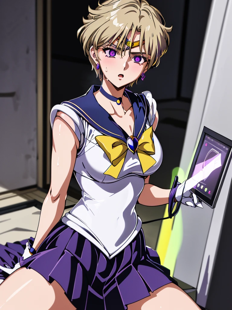 (((masterpiece))), (((High resolution))),  (((highest quality))), (((8k))), (((Perfect Face))), (((Japanese Beauty))), ((40 years old)), (((Beautiful anime faces))), One girl, Expressive eyes, Perfect Face, Open your mouth, blush, short hair, Pretty girl warrior, (((Sailor Uranus))), blonde, Sweat, whole body, (((Mature Woman ))), (Tall Woman, Slender figure, Small round, perky breasts), evening, (locker room), (((Flip up your skirt with your right hand))), (Hollow Gaze, Emotional erasure, Brainwashing complete), ((Holding a tablet in his left hand and looking at the screen:1.3)), (Dynamic pose:1.3), Cowboy Shot,(Intense glowing purple eyes:1.9), (((Spread your legs, sit))),