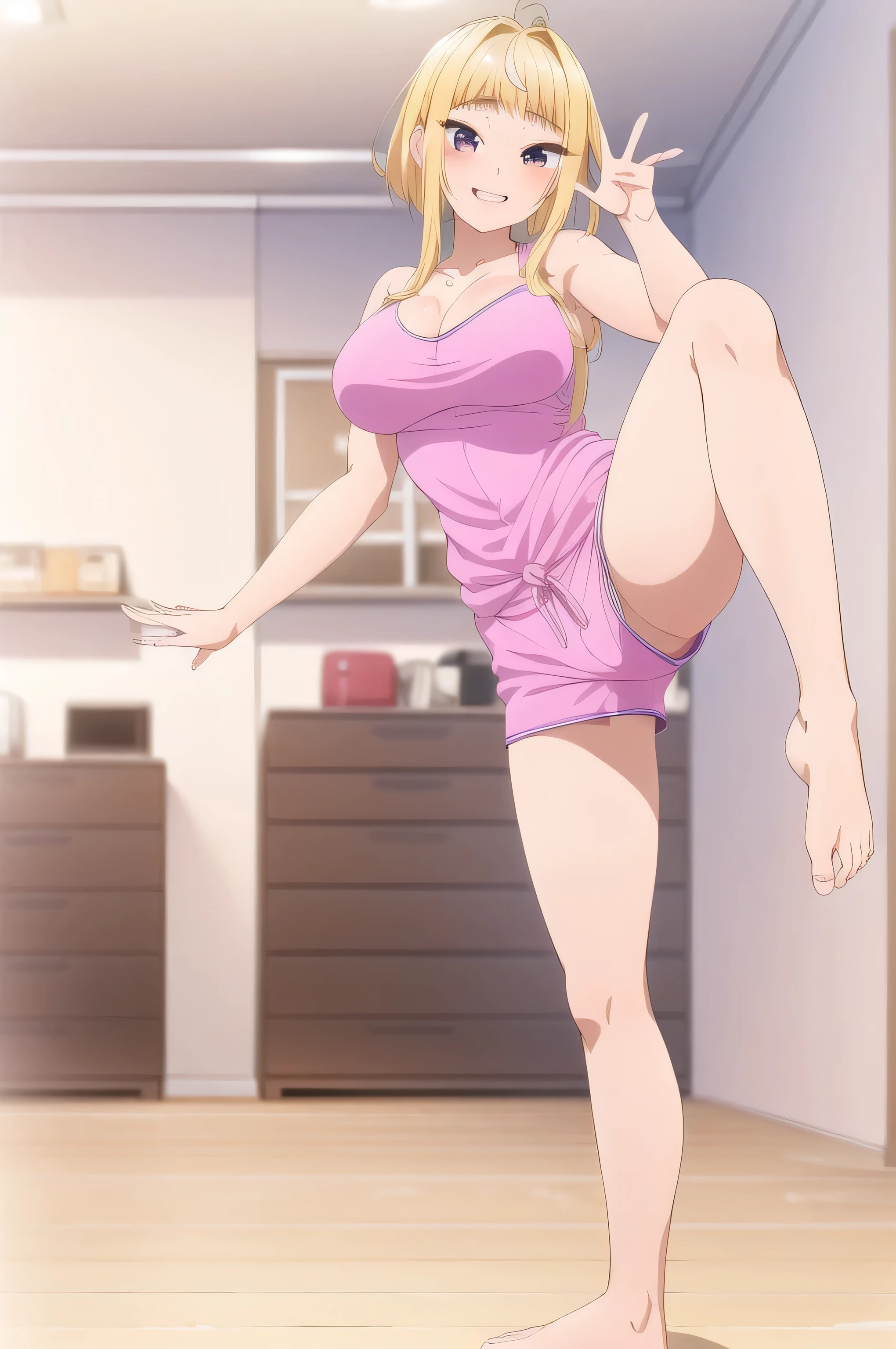 software, (masterpiece:1.4), (highest quality), (ultra High resolution), (fine grain:1.3), highest quality, High resolution, Perfect Anatomy, indoor, (fuyuki_Minami), Blonde Hair, Cleavage, (Large breasts:1.3, Mini tank top), (Shorts:1.3, Pink), (standing pose, Open your legs in an M shape:1.5), Beautiful Bare Feet, smile,