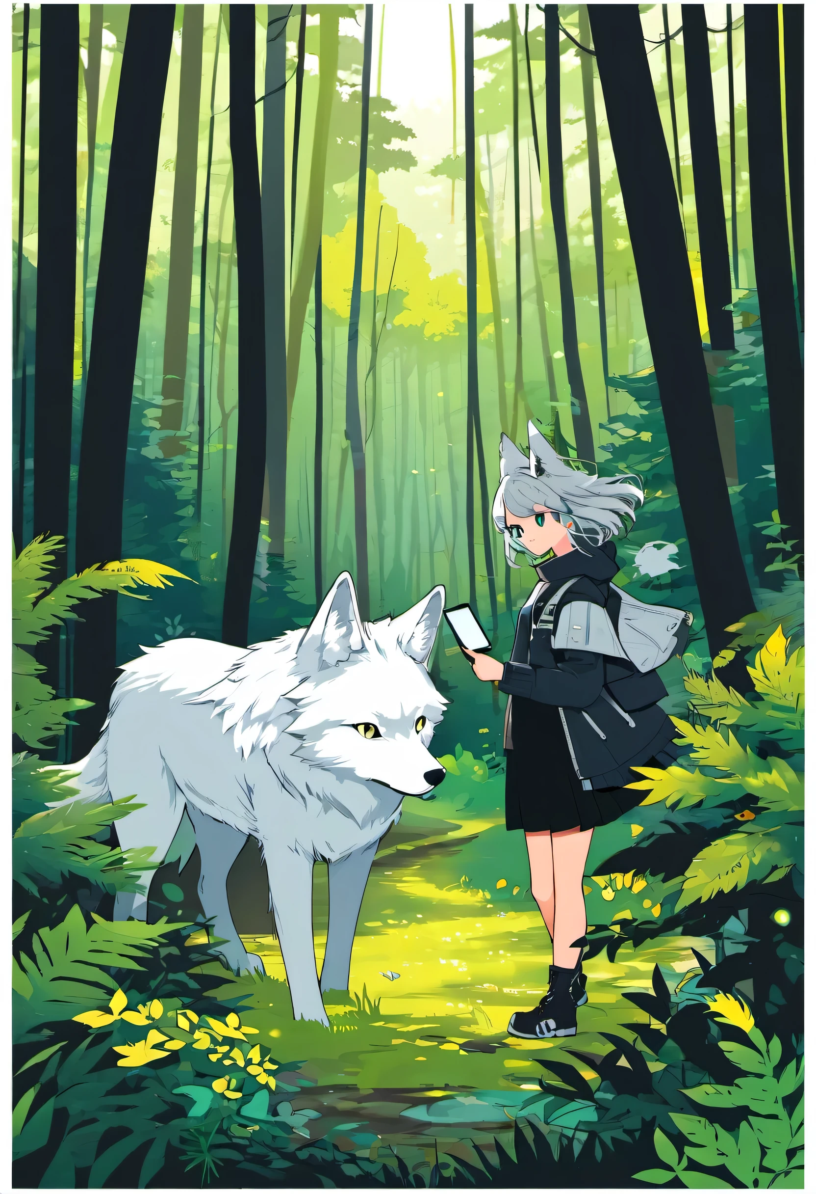cover page, A girl and a wolf meet in the forest, flat Design, vector illustrations, graphic illustration, detailed 2d illustration, flat illustration, digital illustration, digital artwork,