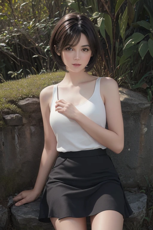(((((Whole body 1.4))))),(masterpiece:1.3), (8k, Realistic, RAW Photos, highest quality: 1.4), (One girl), Beautiful Face, (Realistic Face), (Black Hair, short hair:1.3), Beautiful hairstyle, Realistic eyes, Beautiful fine details, (Realistic Skin), Beautiful Skin, (White camisole), (Red mini skirt),Hands to the side,Absurd, Charm, Ultra-high resolution, Ultra-realistic, Very detailed, Golden Ratio